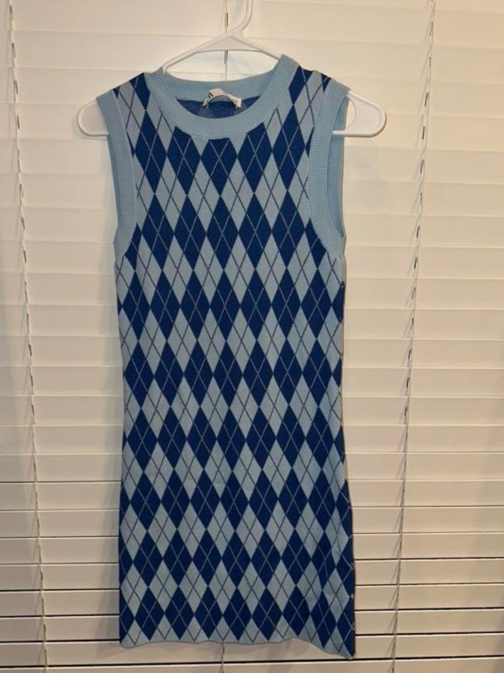 Zara Sleeveless Argyle Knit Dress in Light Blue and Navy